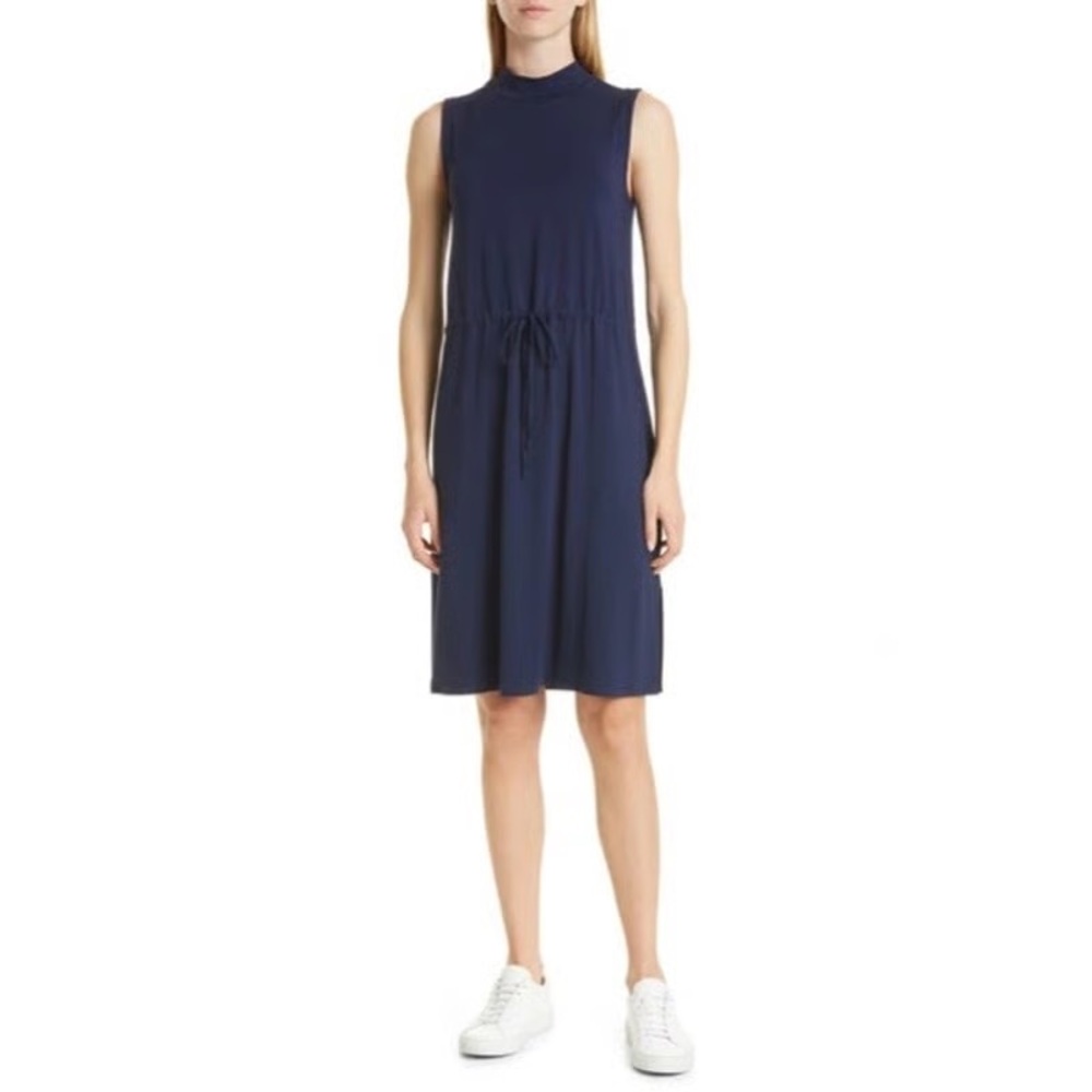 Eileen Fisher Mock Neck Tie Waist Sleeveless Dress